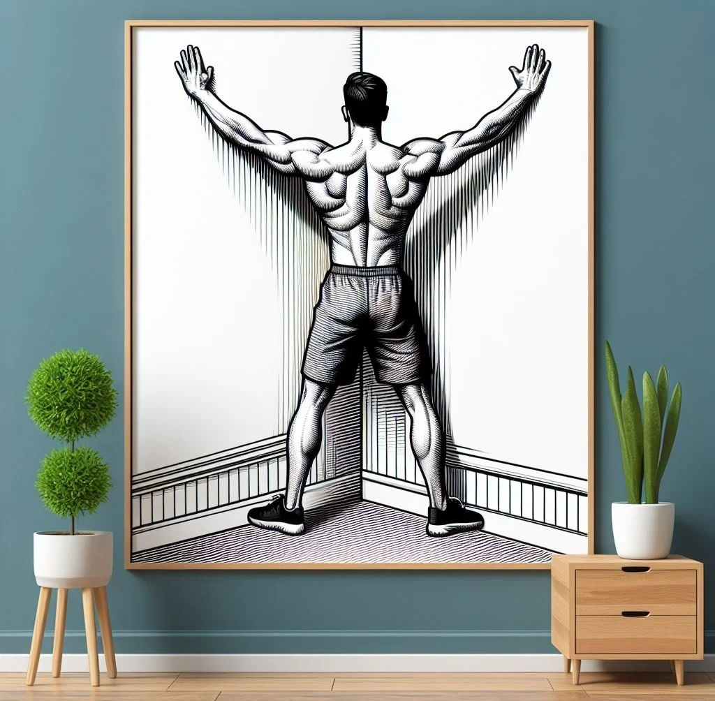 Stretching of pectorals against a wall corner with forearms on the wall