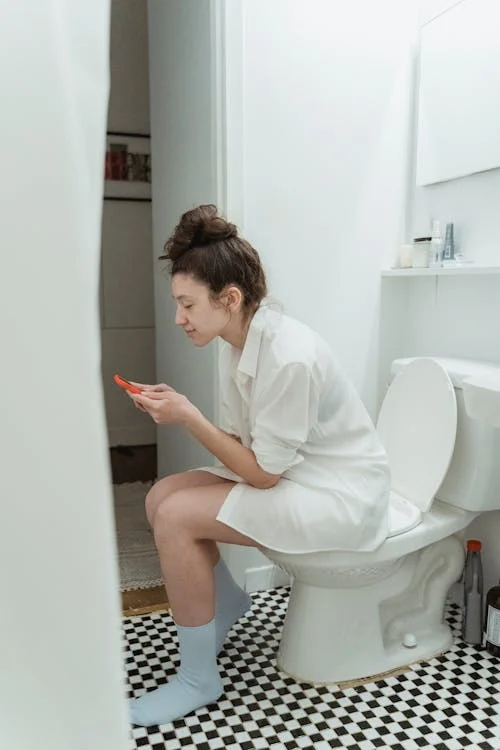 woman on a toilet seat using mobile
